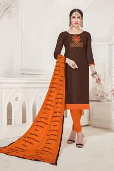 Brown Embroidered Silk Cotton Salwar With Dupatta