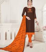 Brown Embroidered Silk Cotton Salwar With Dupatta