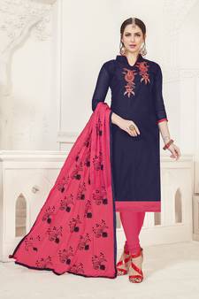Navy-Blue Embroidered Silk Cotton Salwar With Dupatta
