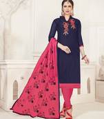 Navy-Blue Embroidered Silk Cotton Salwar With Dupatta