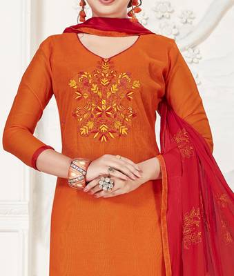Orange embroidered silk cotton salwar with dupatta 2