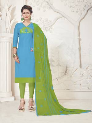 Sky-blue embroidered silk cotton salwar with dupatta 1