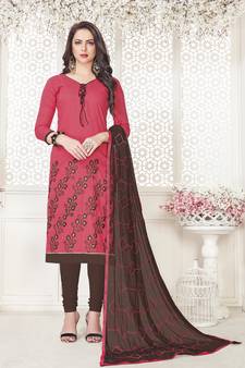 Light-Red Embroidered Cotton Salwar With Dupatta
