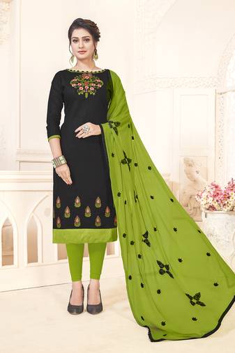Black Embroidered Cotton Salwar Suit Material With Dupatta Unstitched