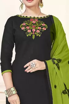 Black Embroidered Cotton Salwar Suit Material With Dupatta Unstitched