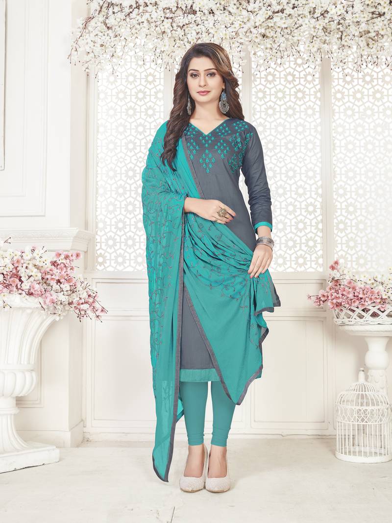Grey embroidered cotton salwar with dupatta