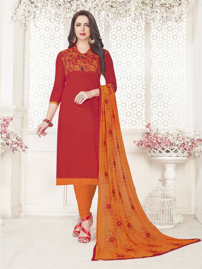 Red embroidered cotton salwar with dupatta