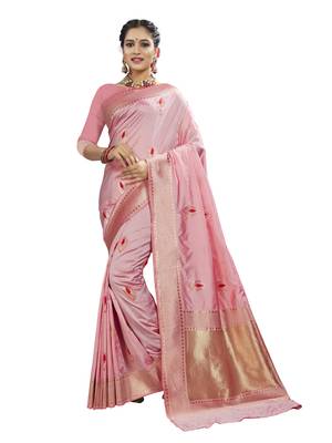 Pink woven banarasi and jacquard saree with blouse 1