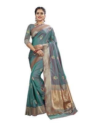 Green woven banarasi and jacquard saree with blouse 1