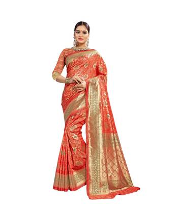 Orange woven banarasi and jacquard saree with blouse 1