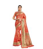Orange woven banarasi and jacquard saree with blouse