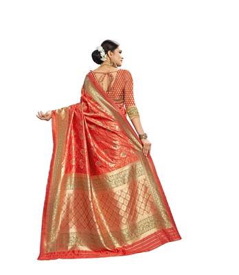 Orange woven banarasi and jacquard saree with blouse 2