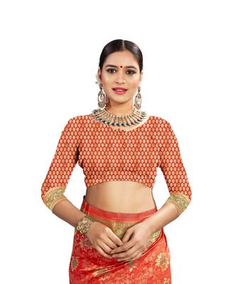 Orange woven banarasi and jacquard saree with blouse 3