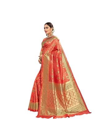 Orange woven banarasi and jacquard saree with blouse 4