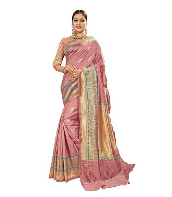 Pink woven banarasi and jacquard saree with blouse 1