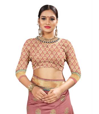 Pink woven banarasi and jacquard saree with blouse 3