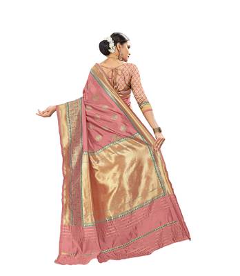 Pink woven banarasi and jacquard saree with blouse 4