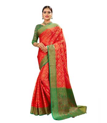 Orange woven banarasi and jacquard saree with blouse 1