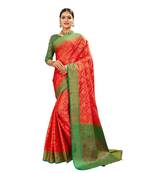 Orange woven banarasi and jacquard saree with blouse
