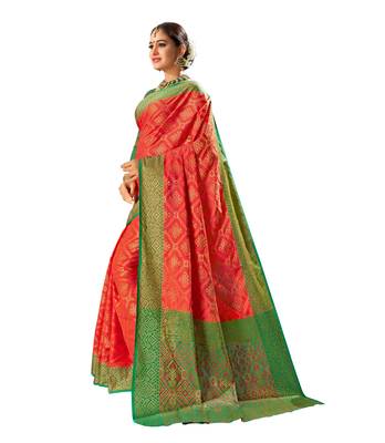 Orange woven banarasi and jacquard saree with blouse 2