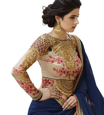 Blue embroidered georgette saree with blouse 2
