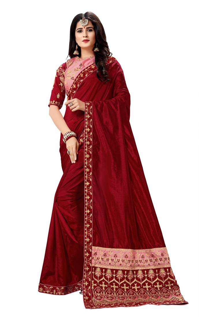 Maroon Silk Embroidered Saree