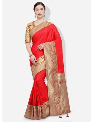 Red and gold woven silk blend saree with blouse 1