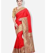 Red and gold woven silk blend saree with blouse