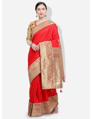 Red and gold woven silk blend saree with blouse 2
