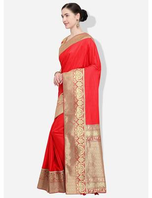 Red and gold woven silk blend saree with blouse 3