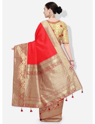 Red and gold woven silk blend saree with blouse 4