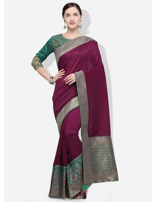Wine woven silk blend saree with blouse 1