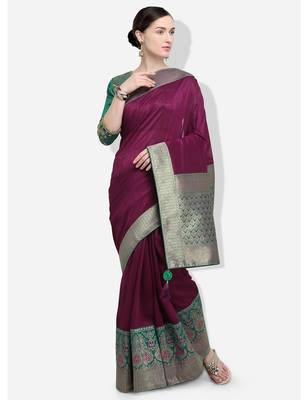 Wine woven silk blend saree with blouse 2