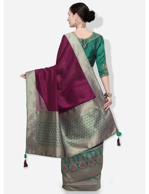 Wine woven silk blend saree with blouse 4