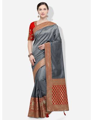 Grey woven silk blend saree with blouse 1