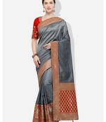 Grey woven silk blend saree with blouse