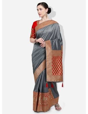 Grey woven silk blend saree with blouse 2