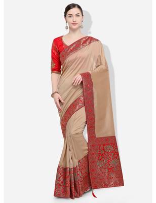 Beige woven silk blend saree with blouse 1