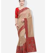 Beige woven silk blend saree with blouse