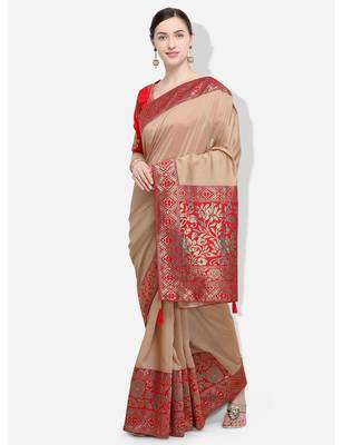 Beige woven silk blend saree with blouse 2