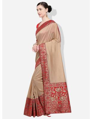 Beige woven silk blend saree with blouse 3