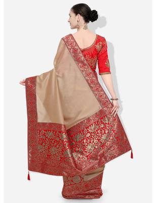 Beige woven silk blend saree with blouse 4