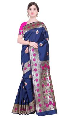 Navy blue woven poly silk saree with blouse 1