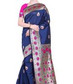 Navy blue woven poly silk saree with blouse