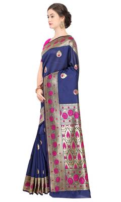 Navy blue woven poly silk saree with blouse 2