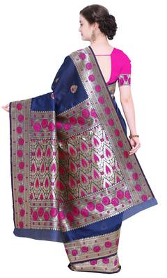 Navy blue woven poly silk saree with blouse 3