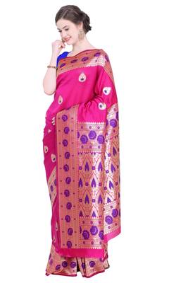 Pink woven poly silk saree with blouse 1