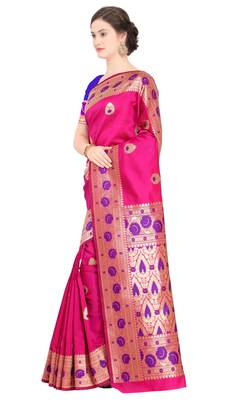 Pink woven poly silk saree with blouse 2
