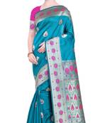 Turquoise woven poly silk saree with blouse