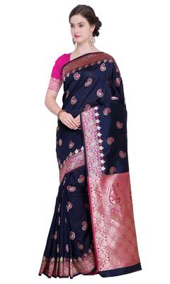 Navy blue woven poly silk saree with blouse 1